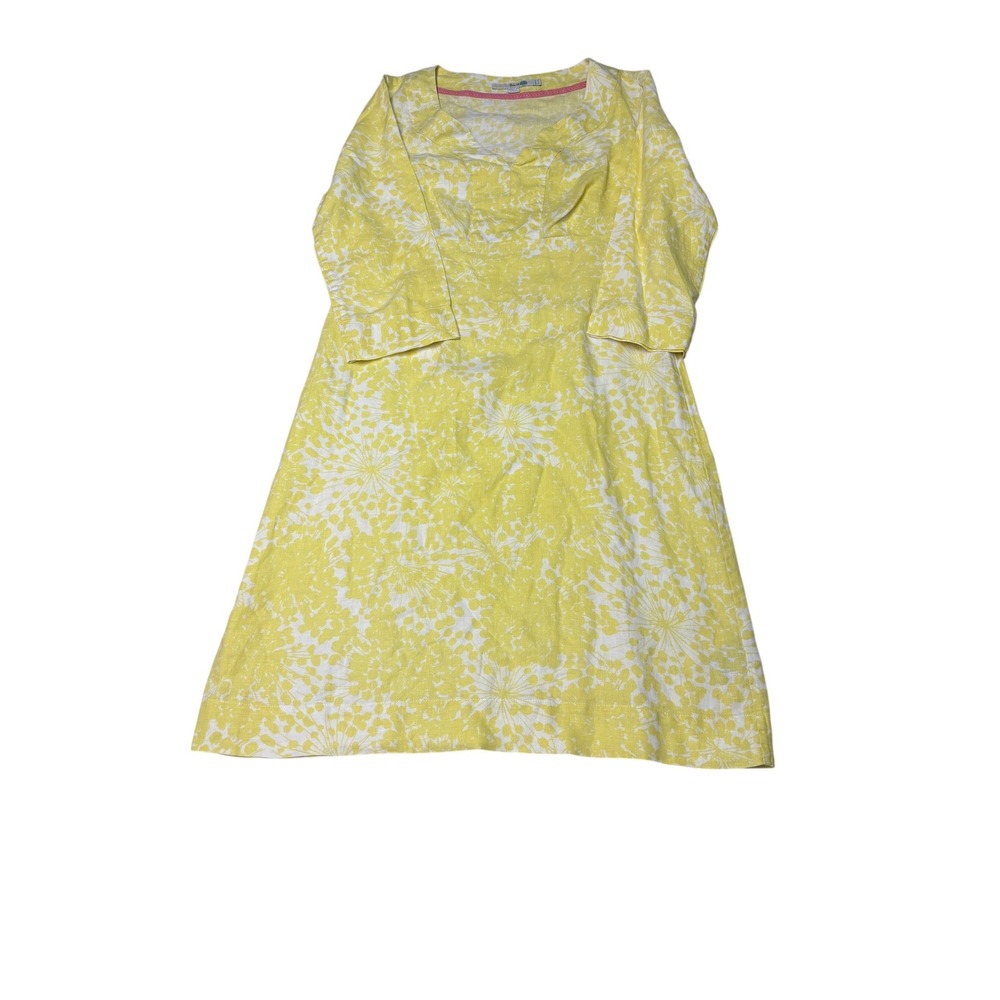 Boden Yellow White Linen Floral A-Line Dress 3/4‎ Sleeve Notched V-Neck US 4L
